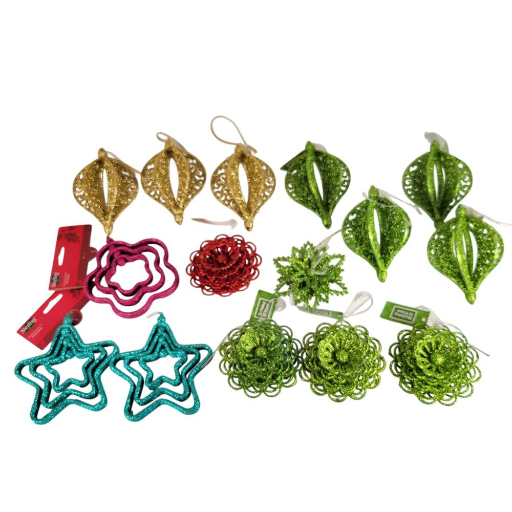 All New Christmas Ornament Lot, Glitter Stars Flowers Teardrops, Lot of 15